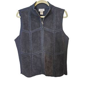 Vintage black suede patchwork zippered vest. Size L.